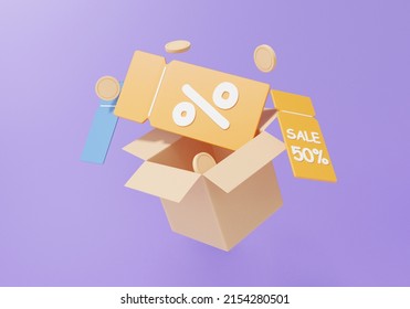 3d render parcel or open box discount coupon floating on purple background, promotion sale 50 percentage, shopping online concept. minimal cartoon illustration