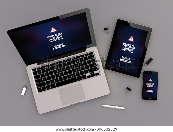 3d render of parental control\
responsive devices with laptop computer, tablet pc and touchscreen\
smartphone. Zenith view. All screen graphics are made\
up.