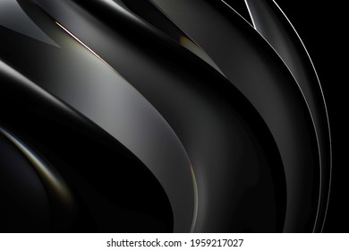 3d render with part of abstract art 3d sculpture with surreal alien dark flower in curve wavy spherical biological lines forms in glass and matte black rubber material on isolated black background