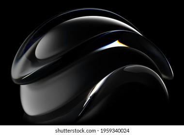 3d Render With Part Of Abstract Art 3d Sculpture With Surreal Alien Dark Flower In Curve Wavy Spherical Biological Lines Forms In Glass And Matte Black Rubber Material On Isolated Black Background