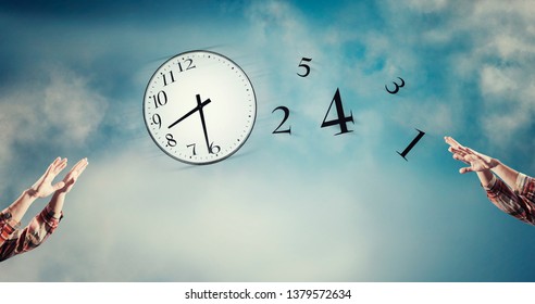 3d Render Passing A Clock With Numbers Detached In The Air. Lack Of Time Concept . The Concept Of Time Passing Quickly. 