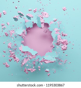 3d render, pastel pink blue broken wall, abstract fashion background, blank space for text, explosion, bullet hole, destruction, digital illustration