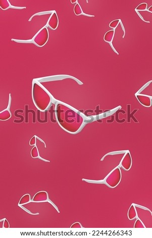 3D Render Pattern of magenta sunglasses flying over red background. Studio shot of modern sunglasses on Viva Magenta background.