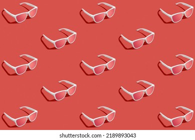 3D Render Pattern Of Red Sunglasses With Red Gradient Background. Studio Shot.