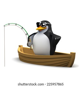 3d Render Of A Penguin Fishing From A Dinghy