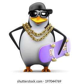 3d Render Of A Penguin With Gold Chains And Skateboard