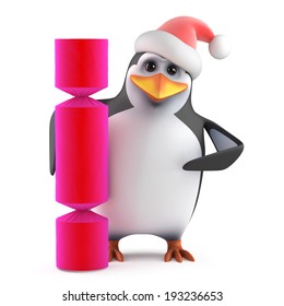 3d Render Of A Penguin Wearing A Santa Hat Next To A Giant Christmas Cracker