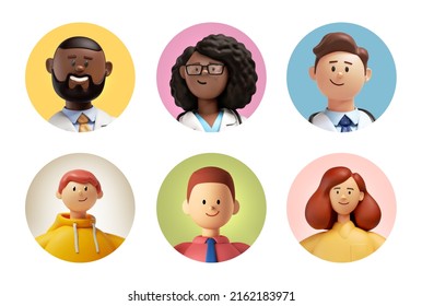 3d Render, People Avatar Collection. Set Of Round Stickers With Cartoon Character Faces, User Id Thumbnail, Modern Icons For Social Account Design. Portrait Circles Isolated On White Background