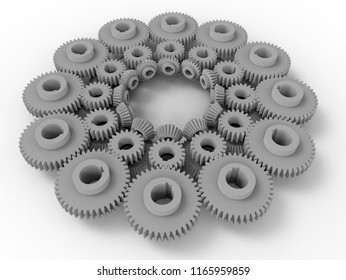 3D render - perspective view of a large assembly of cogs