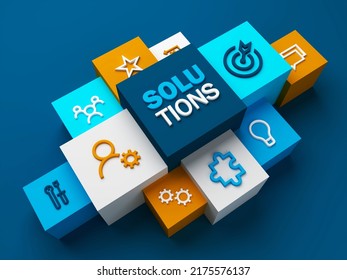 3D render of perspective view of SOLUTIONS business concept with symbols on colorful cubes