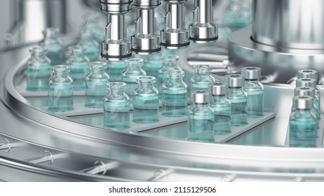 3d render. Pharmaceutical manufacture background with glass bottles with clear liquid on automatic conveyor line. COVID-19 mRNA vaccine production platform. - Powered by Shutterstock