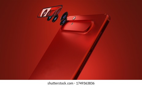 3D render of a phone camera lens flying in