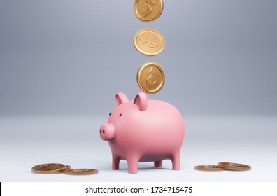 3D Render - Piggy Bank With Coins Money Cash Isolated On White Background, Icon Piggy Bank In Isometric Style, Concept Of Saving Money. Pig Money Box Icon.