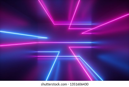 3d render, pink blue neon lines, geometric shapes, virtual space, ultraviolet light, 80's style, retro disco, fashion laser show, abstract background