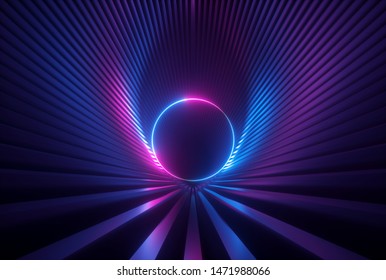 3d render, pink blue neon abstract background with glowing ring shape, ultraviolet light, laser show performance stage with reflections, round blank frame