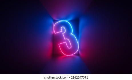 3d Render, Pink Blue Neon Number Three, Digital Symbol Inside Square Box Glowing In Ultraviolet Light