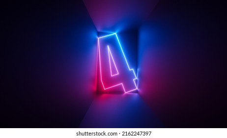 3d Render, Pink Blue Neon Number Four, Digital Symbol Inside Square Box Glowing In Ultraviolet Light