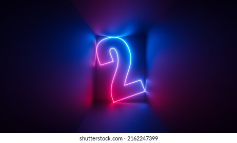 3d Render, Pink Blue Neon Number Two, Digital Symbol Inside Square Box Glowing In Ultraviolet Light