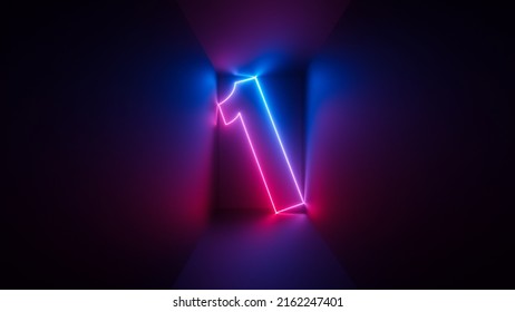 3d Render, Pink Blue Neon Number One, Digital Symbol Inside Square Box Glowing In Ultraviolet Light