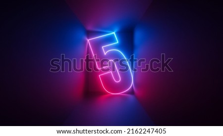 3d render, pink blue neon number five, digital symbol inside square box glowing in ultraviolet light