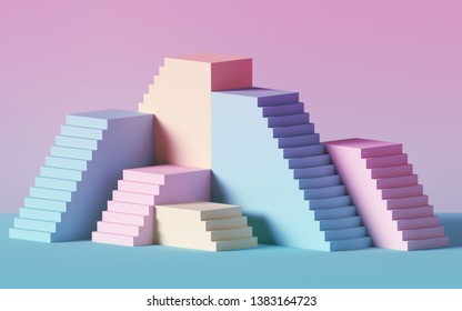 3d Render, Pink Blue Stairs, Steps, Abstract Background In Pastel Colors, Fashion Podium, Minimal Scene, Primitive Architectural Blocks, Design Element