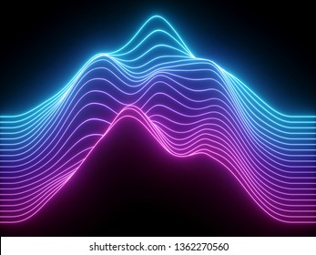 3d Render, Pink Blue Wavy Neon Lines, Electronic Music Virtual Equalizer, Sound Wave Visualization, Ultraviolet Light Abstract Background