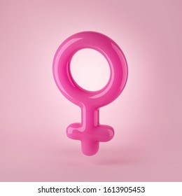 3d Render, Pink Female Gender Sign, Woman, Lady Sex Symbol, Glass Toy, Candy, Balloon. Sexual Feminist Icon. Modern Minimal Design Element. Glossy Clip Art Isolated On Pink Background