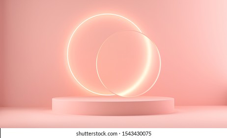3d render pink platform with neon shining and transparent glass rings. Geometric shapes composition with empty space for product design show. Minimal banner mockup.