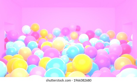 3d render pink room filled with colorful balls.