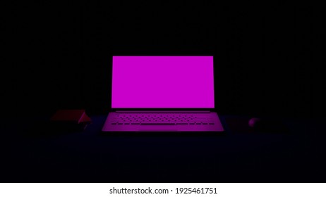 3d Render Pink Screen Laptop In The Dark