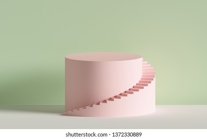 3d render  pink spiral stairs  steps  cylinder  abstract background in pastel colors  minimal scene