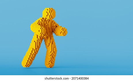 3d render, pixel man cartoon character walking or running. Funny mascot isolated on blue background, active dancing pose