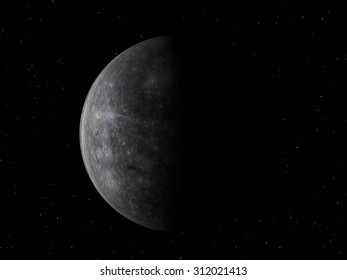 3D render the planet Mercury on a black background with stars, high resolution.Elements of this image furnished by NASA