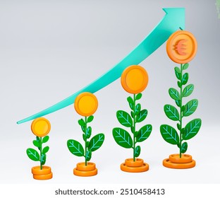 3d render of plants that continue to grow and produce coins for finance and investment. Can be used for banking, financial sector, fintech apps, seminar banners, financial and economic education