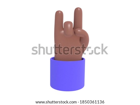 3D render, plastic cartoon afroamerican hand with sign of the horns. OK, victory, success. Hand gesture. 
