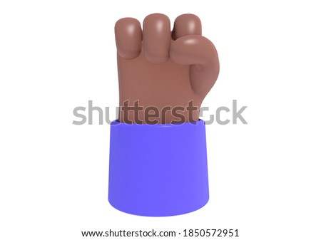 3D render, plastic cartoon afroamerican hand with fist. Symbol of protest, revolution, liberty, human rights. Hand gesture. 