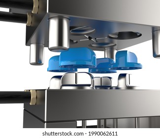 3D render of plastic moulding machine. Plastic injection moulding.Cups, boxes, toolboxes. The production process for Plastic injection mold. Used for the forming of plastic parts using polypropylene
