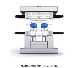 3D Render Of Plastic Moulding Machine. Plastic Injection Moulding.Cups, Boxes, Toolboxes. The Production Process For Plastic Injection Mold. Used For The Forming Of Plastic Parts Using Polypropylene
