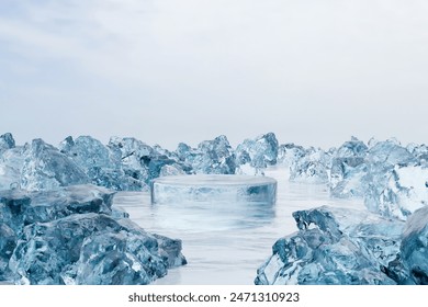 3d render platform background and empty round stage, Ice podium on the frozen lake with ice rock in winter for product stand display, advertising cosmetic, products, skincare or etc