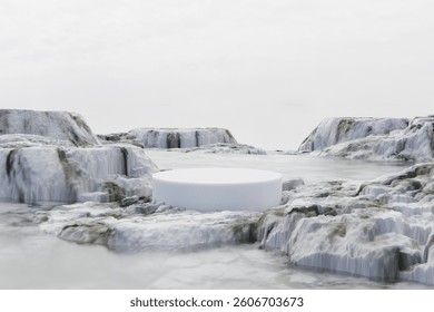 3d render platform background and empty round stage, Ice podium on the frozen lake with ice snow mountain and canyo in winter for product stand display, advertising, cosmetic, mockup or etc