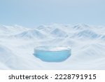 3d render platform and ice podium background on ice snow mountain with snow covered floor for product stand display advertising cosmetic beauty products or skincare with empty round stage