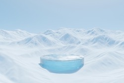3d Render Platform And Ice Podium Background On Ice Snow Mountain With Snow Covered Floor For Product Stand Display Advertising Cosmetic Beauty Products Or Skincare With Empty Round Stage