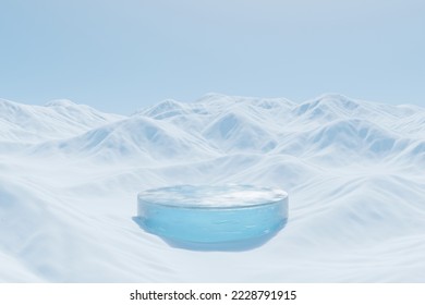 3d render platform   ice podium background ice snow mountain and snow covered floor for product stand display advertising cosmetic beauty products skincare and empty round stage