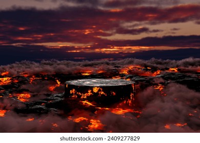 3D render Platform and natural background, Stone podium on the volcano with magma, smoke and lava erupt for product stand display, Blank showcase, advertising, mockup or etc
