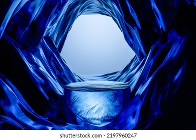 3d render platform and Natural podium background on glowing blue mountain cave with light at night for product stand display advertising cosmetic beauty products or skincare with empty round stage