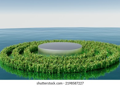 3d render platform and Natural podium background on the sea with circle shape bush for product stand display advertising cosmetic beauty products or skincare with empty round stage