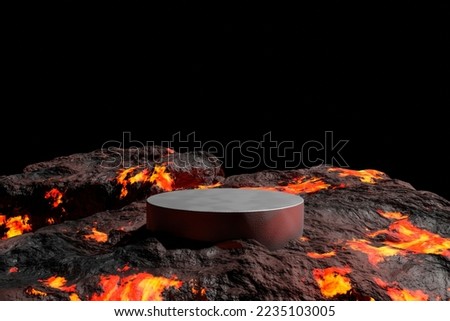 3D render Platform and natural Podium lava rocks smelt on volcano with magma and lava erupt  for product display, Blank showcase, mock up template presentation or etc