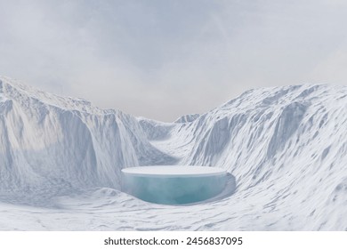 3d render platform and Natural winter background, Ice podium on Snow peak above a vast landscape of frozen mountains for product stand display, advertising, mockup or etc