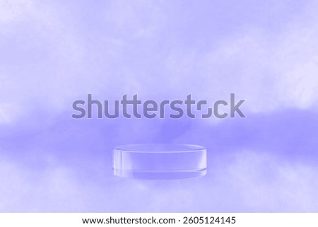 3d render platform and purple background, Glass podium on the sky is covered with clouds for product stand display, advertising, cosmetic, mockup or etc