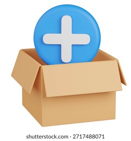 3D render Plus Sign Icon Emerging from a Cardboard Box